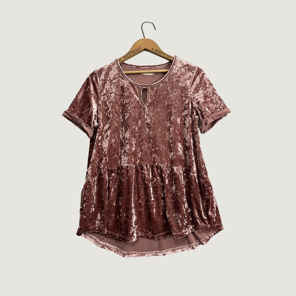 Altar'd State Womens Pink Crushed Velvet Babydoll Peplum Top Keyhole Medium